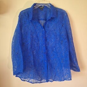 Erika Lace look Button Up Shirt Blouse Semi Sheer for Layering Cobalt Royal Blue